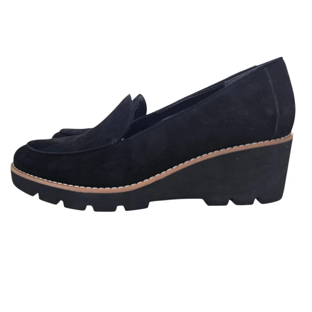 Vionic Ava Loafers Women 9.5 Black Suede Platform Wedge Lug Sole Comfort Classic